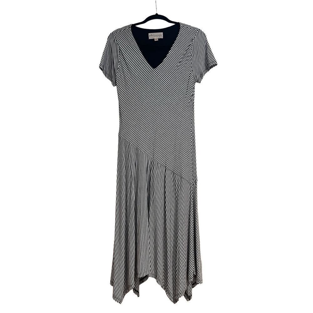 Philosophy Womens Striped V-Neck Asymmetrical Hem Midi Dress Black White Large